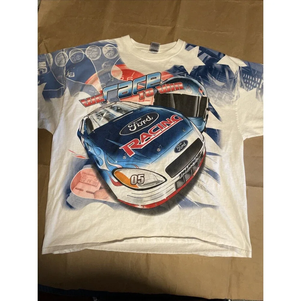 Vintage Ford Racing We Race To Win All Over Print NASCAR T Shirt USA Made XXL